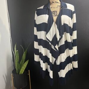 Avenue Cardigan Open Front Striped Knit‎ Navy White Plus Size 26/28 Cozy